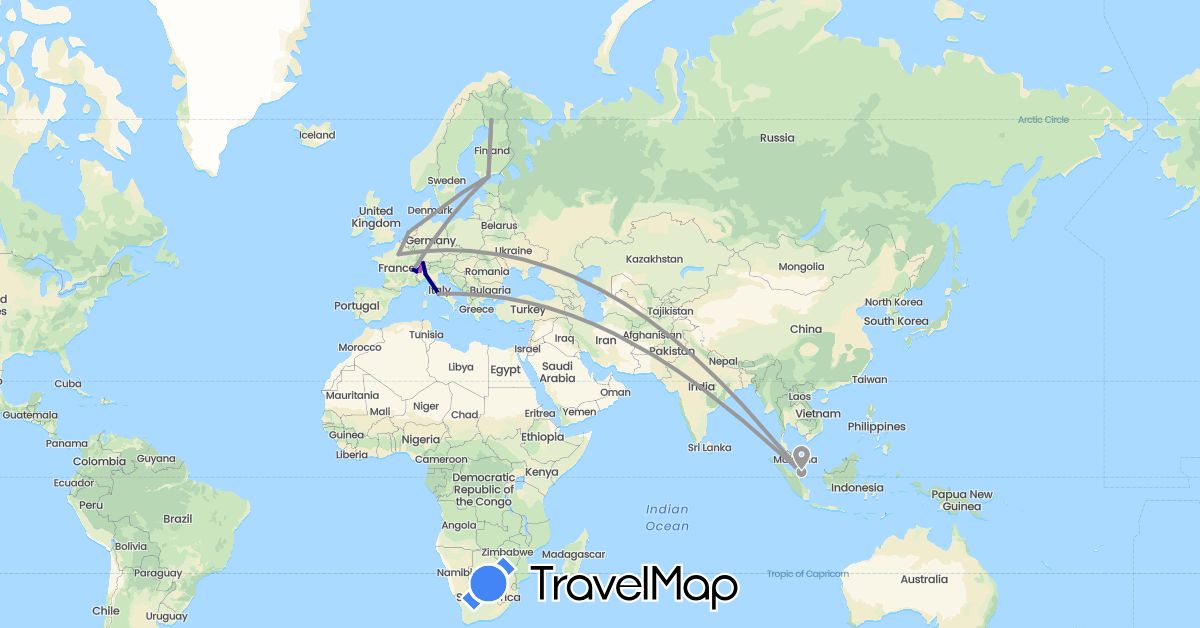 TravelMap itinerary: driving, plane, train in Switzerland, Denmark, Finland, France, Italy, Netherlands, Singapore (Asia, Europe)